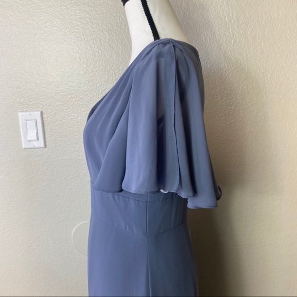 Social Gray Blue Bridesmaids Ruffle Sleeve V-neck Dress 8188 - Picture 3 of 5